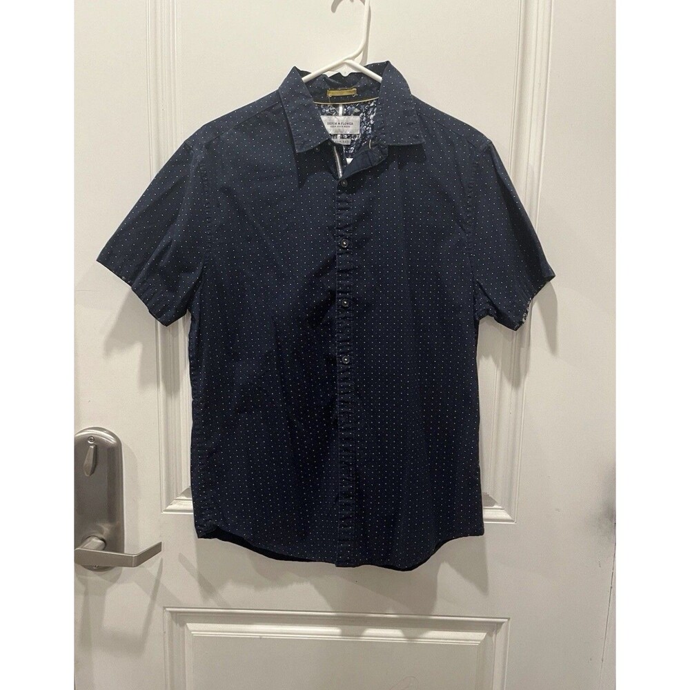 Denim & Flower Men’s Shirt Dotted Navy Blue Button Down Casual